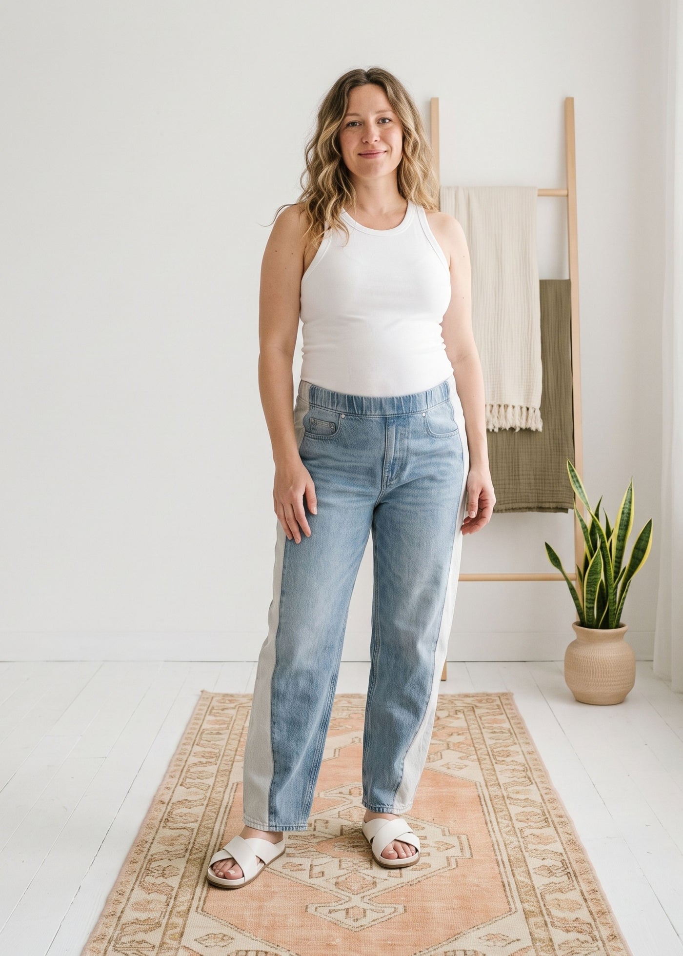 Twisted Barrel Leg Knit Panel Jeans