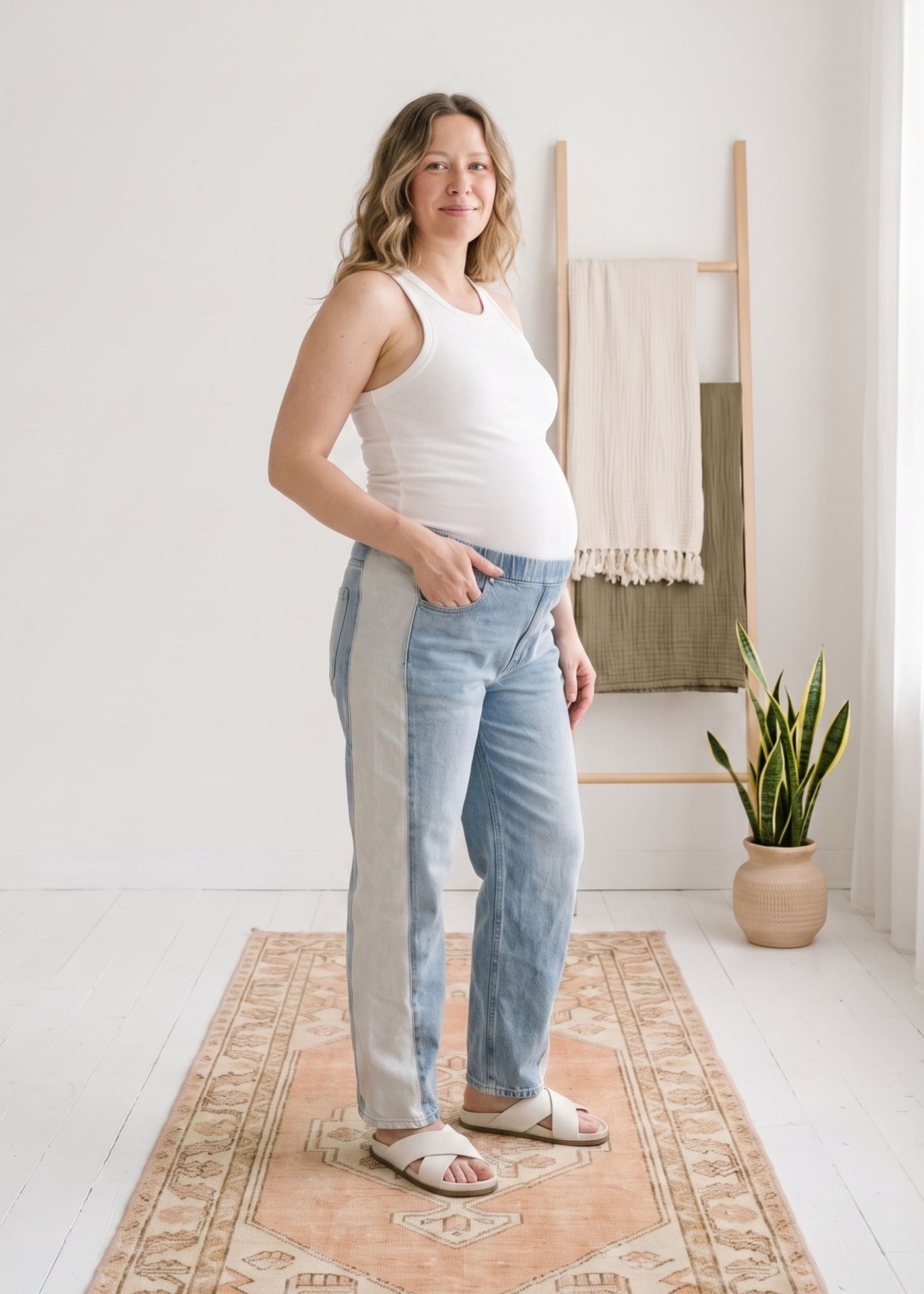 Twisted Barrel Leg Knit Panel Jeans