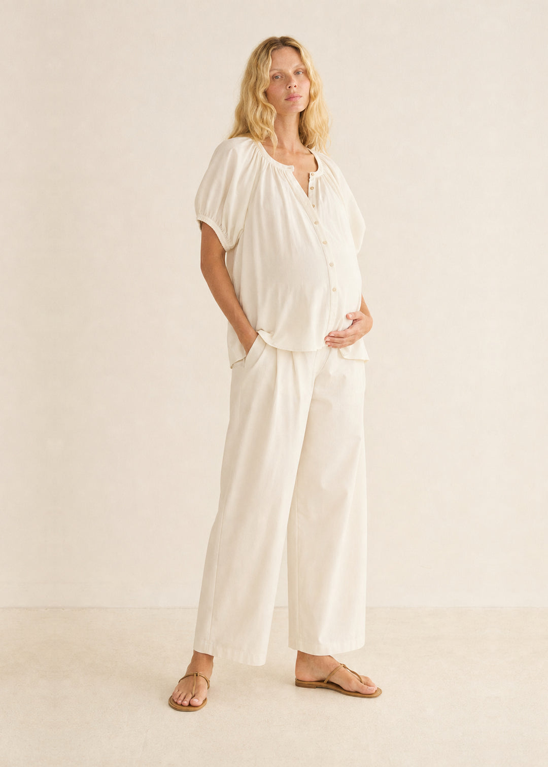 Puff Sleeve Button-Front Blouse in Cotton in Natural — on model