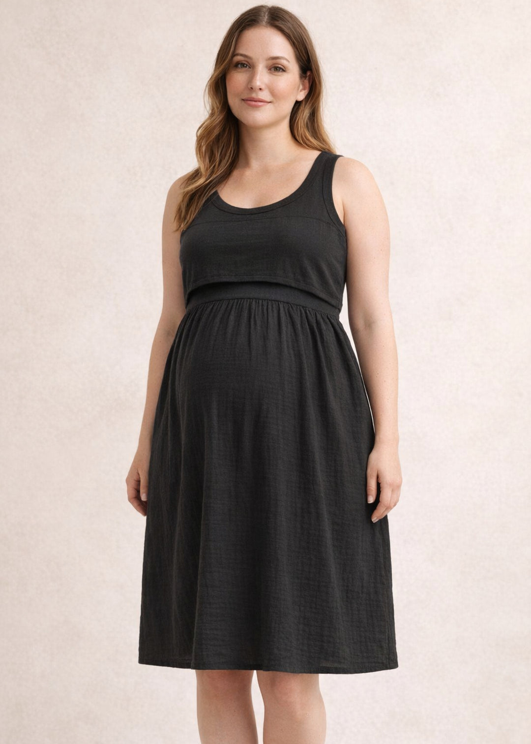 Lift-up cotton nursing dress in Black — on model, front