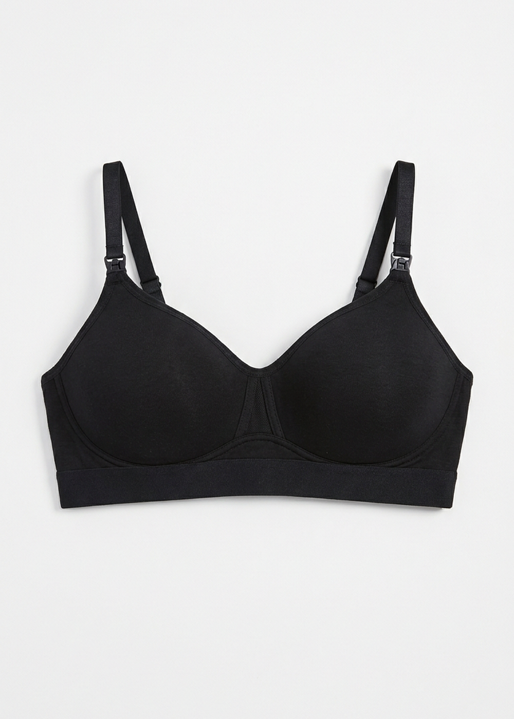 Organic Cotton Pumping and Nursing Bra in Black — flat lay, front