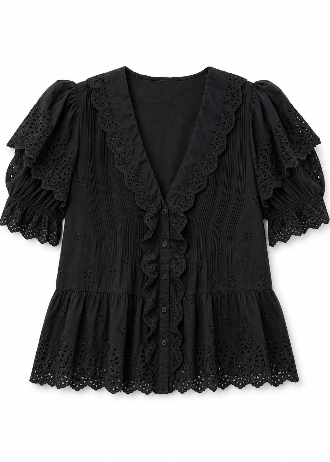 Eyelet Ruffle Puff Sleeve Blouse in Cotton in Black — flat lay