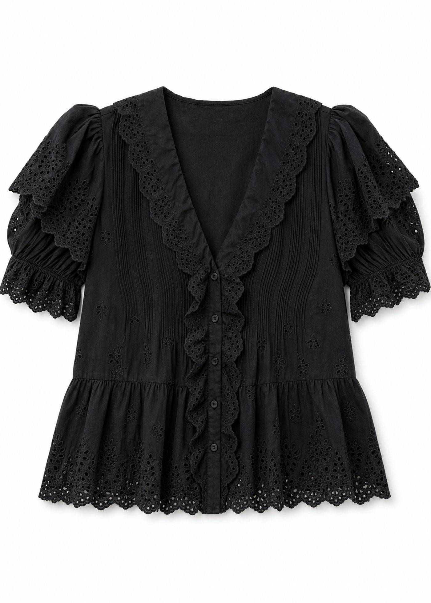 Eyelet Ruffle Puff Sleeve Blouse in Cotton in Black — flat lay