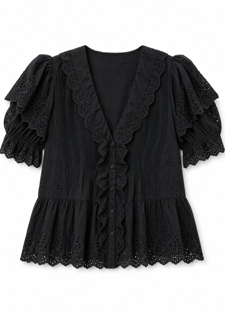 Eyelet Ruffle Puff Sleeve Blouse in Cotton in Black — flat lay