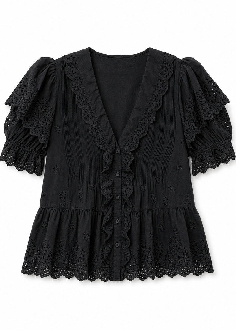 Eyelet Ruffle Puff Sleeve Blouse in Cotton in Black — flat lay