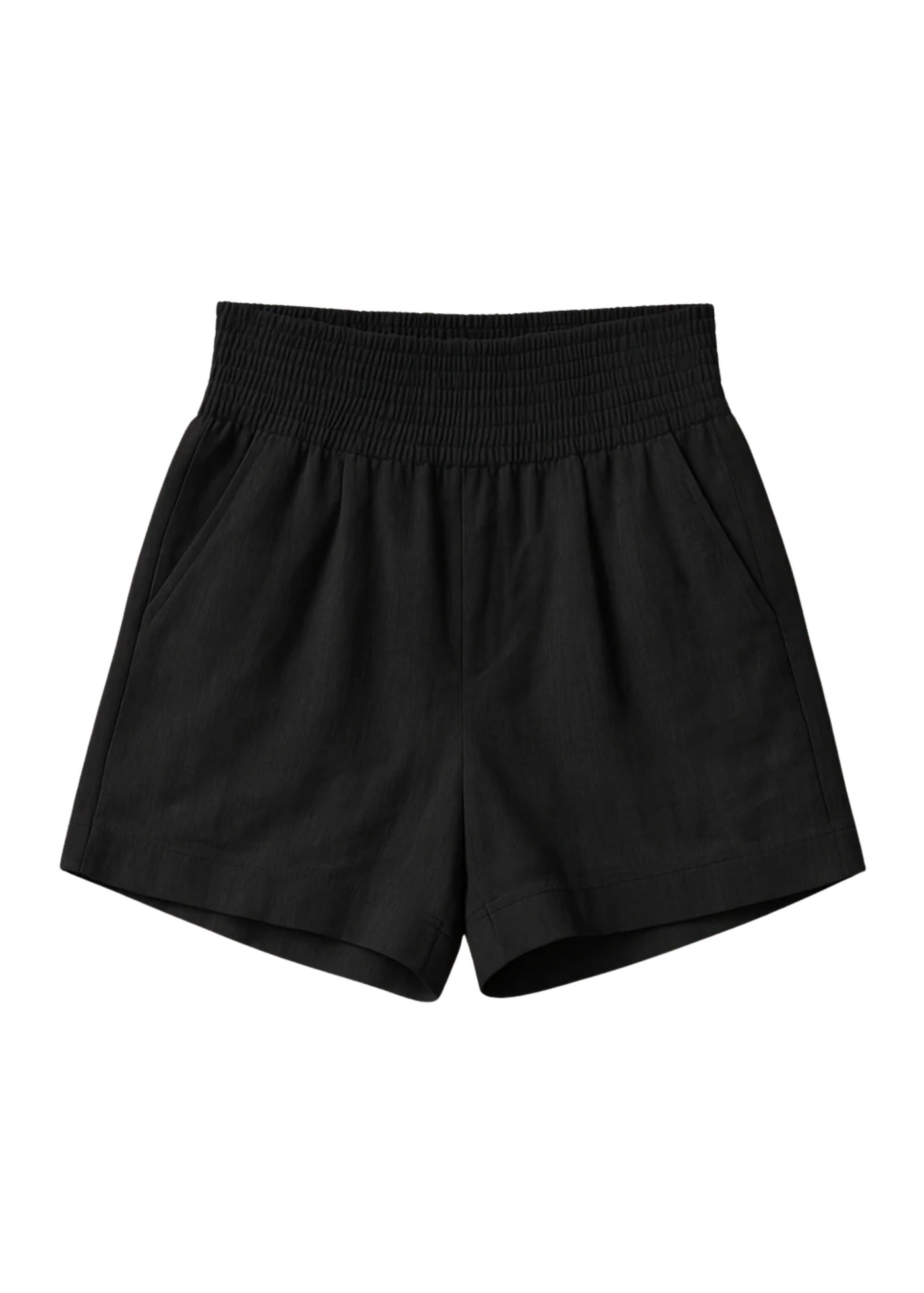 Black smocked cotton/linen blend shorts with deep front pockets and an elastic waistband.