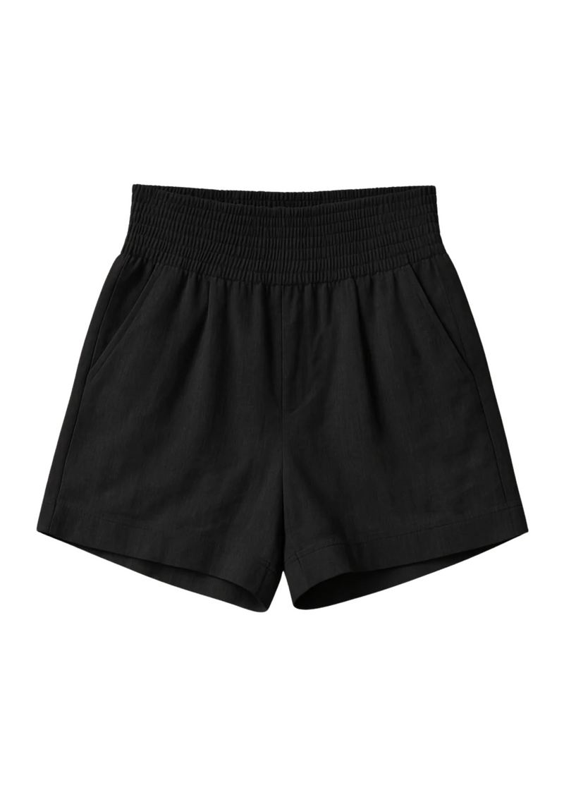 Black smocked cotton/linen blend shorts with deep front pockets and an elastic waistband.