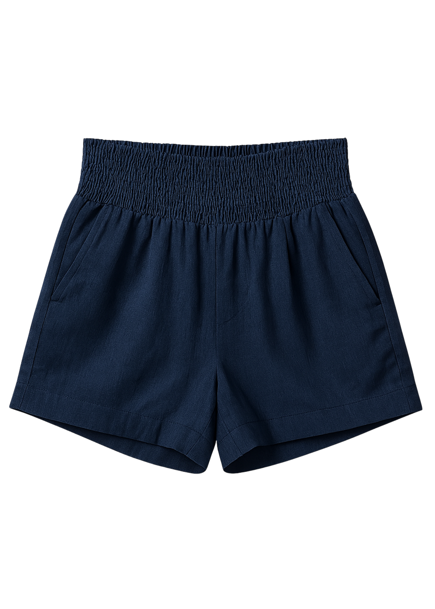 Navy blue cotton/linen smocked shorts with deep front pockets and an elastic waistband.
