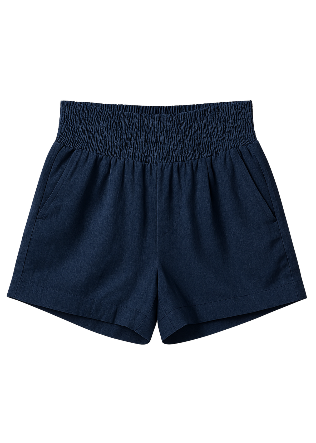 Navy blue cotton/linen smocked shorts with deep front pockets and an elastic waistband.