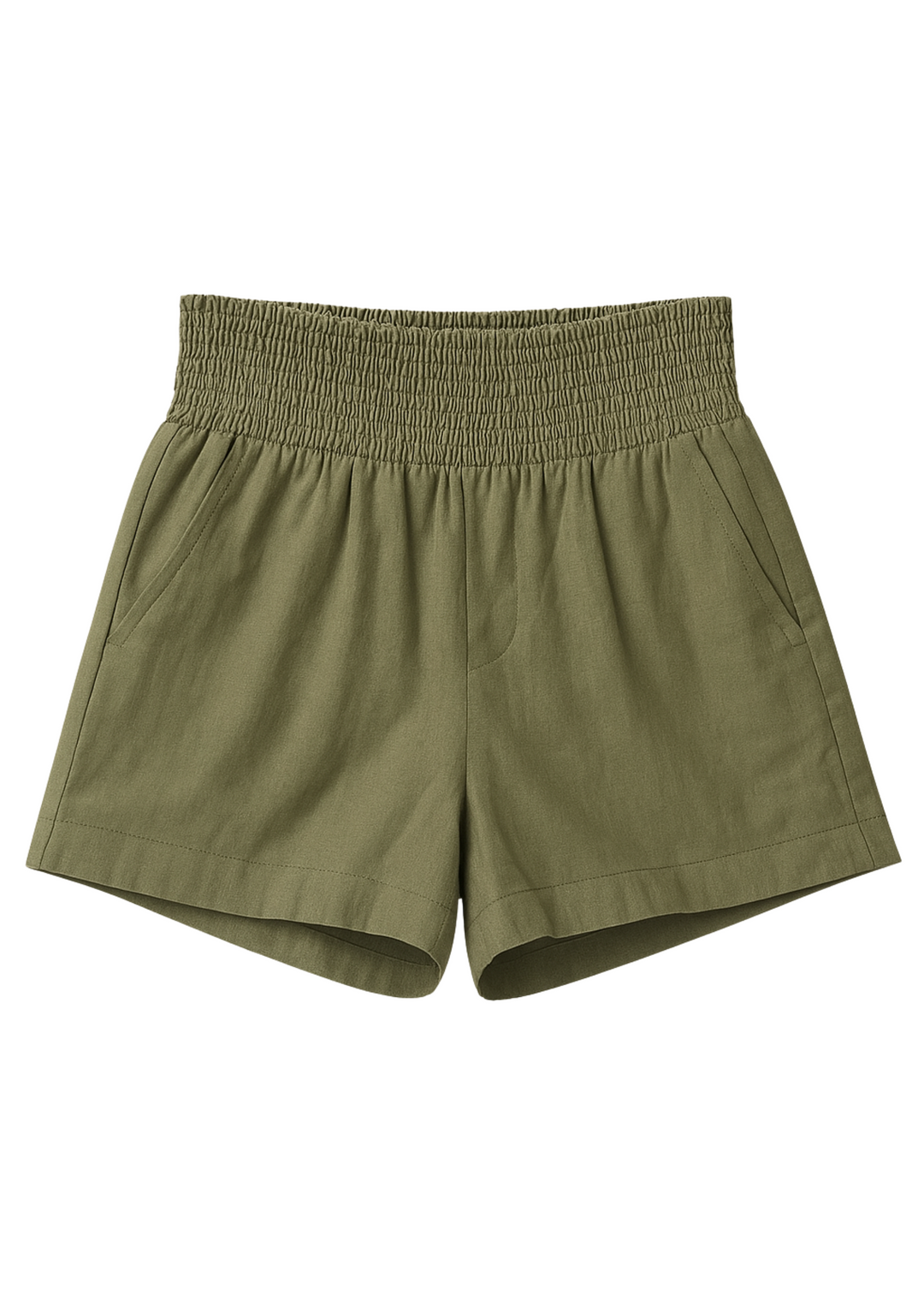 Olive green smocked cotton/linen shorts with deep front pockets and an elastic waistband.