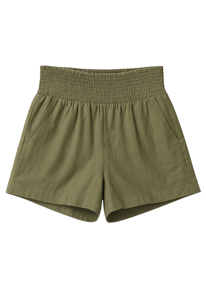 Olive green smocked cotton/linen shorts with deep front pockets and an elastic waistband.
