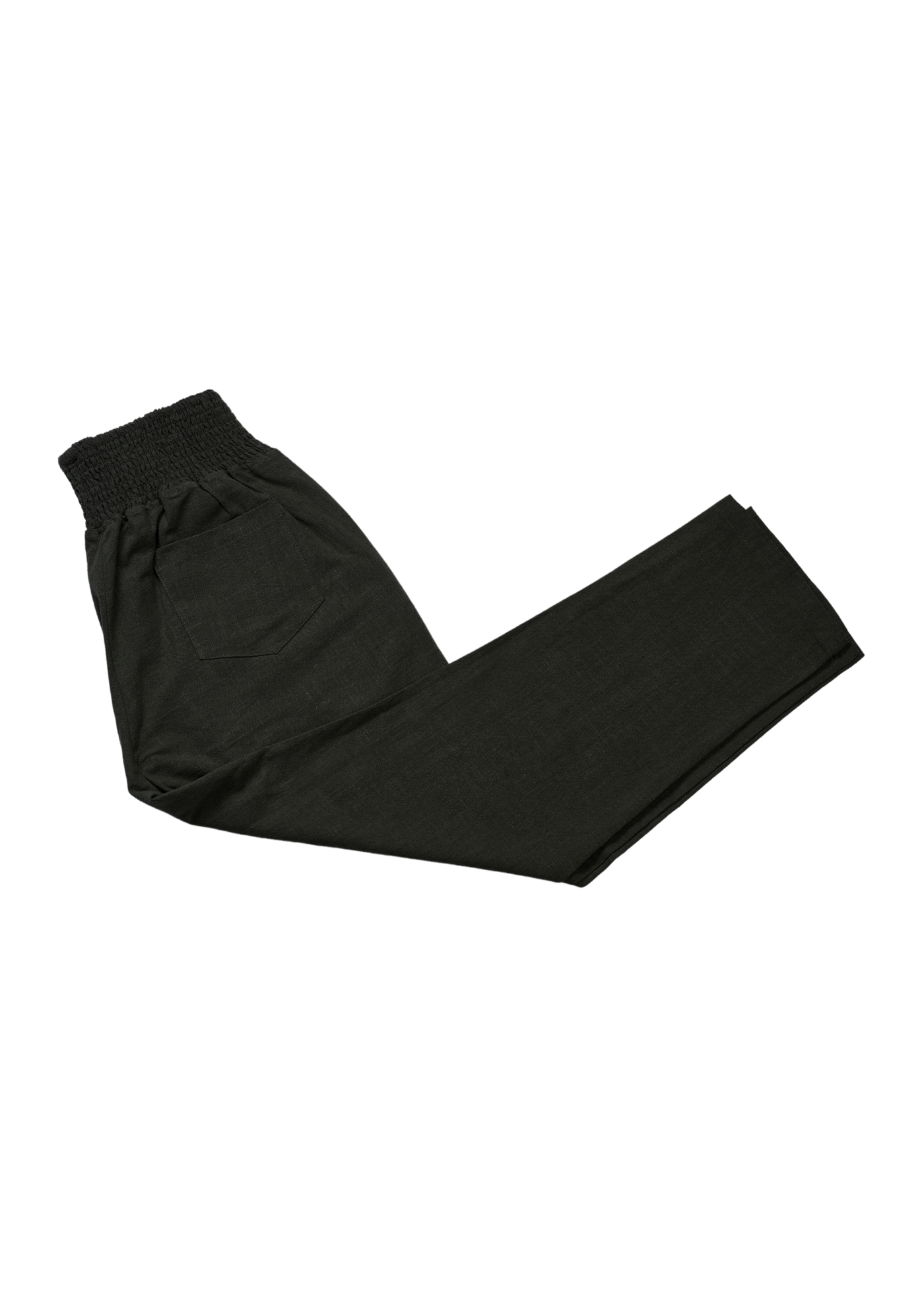Black smocked linen maternity pants with functional pockets, folded on a white background.