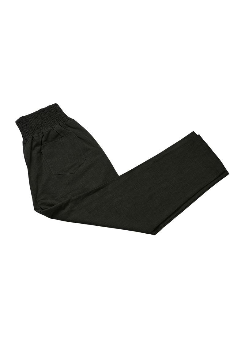 Black 100% linen maternity pants with smocked waistband and extended inseam, folded.