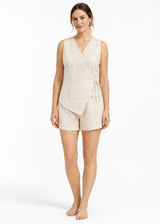 Sleeveless Wrap Sleep Romper in Natural - on model