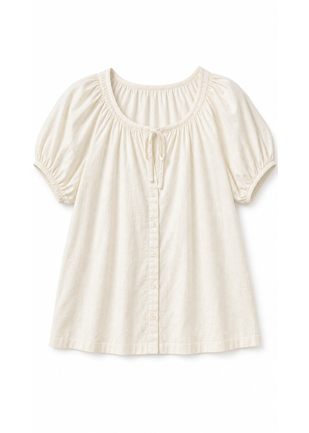 Puff Sleeve Button-Front Blouse in Cotton in Natural — flat lay