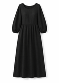 Gathered-Waist Seersucker Midi Dress in Black — flat lay