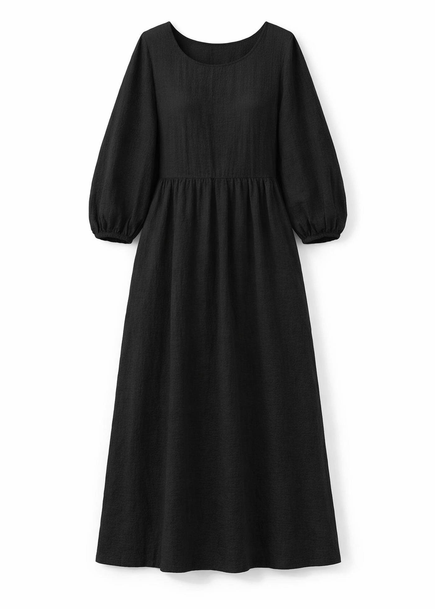 Gathered-Waist Seersucker Midi Dress in Black — flat lay