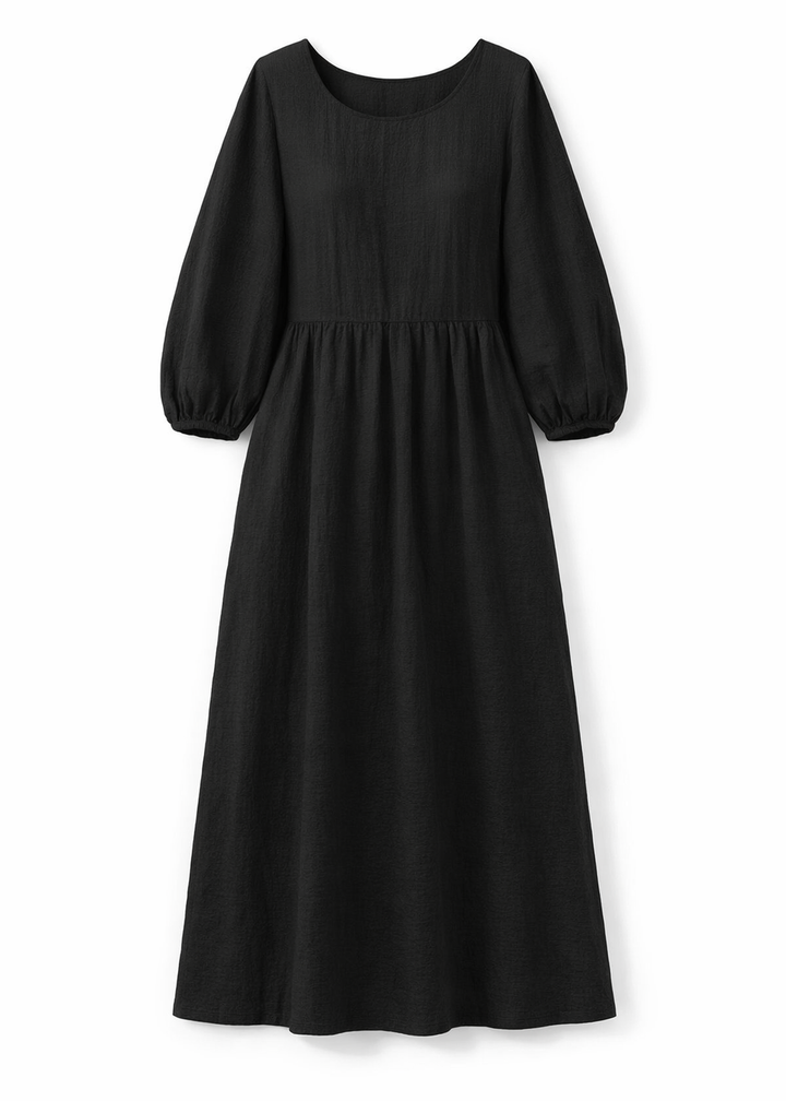 Gathered-Waist Seersucker Midi Dress in Black — flat lay