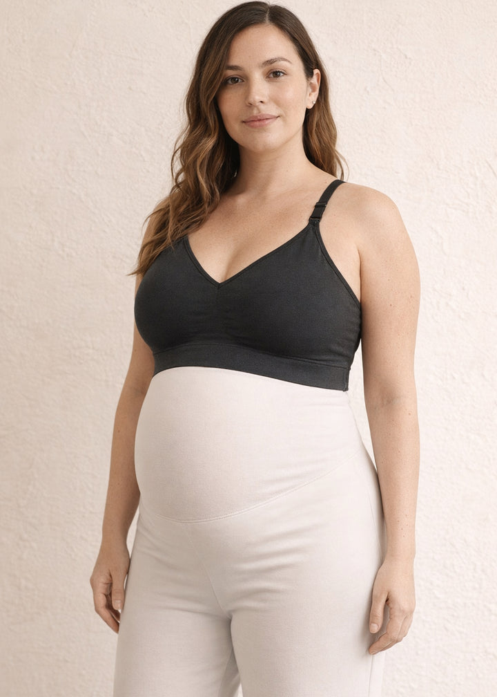 Seamless Clip-Down Nursing Bra in Black — on model, front