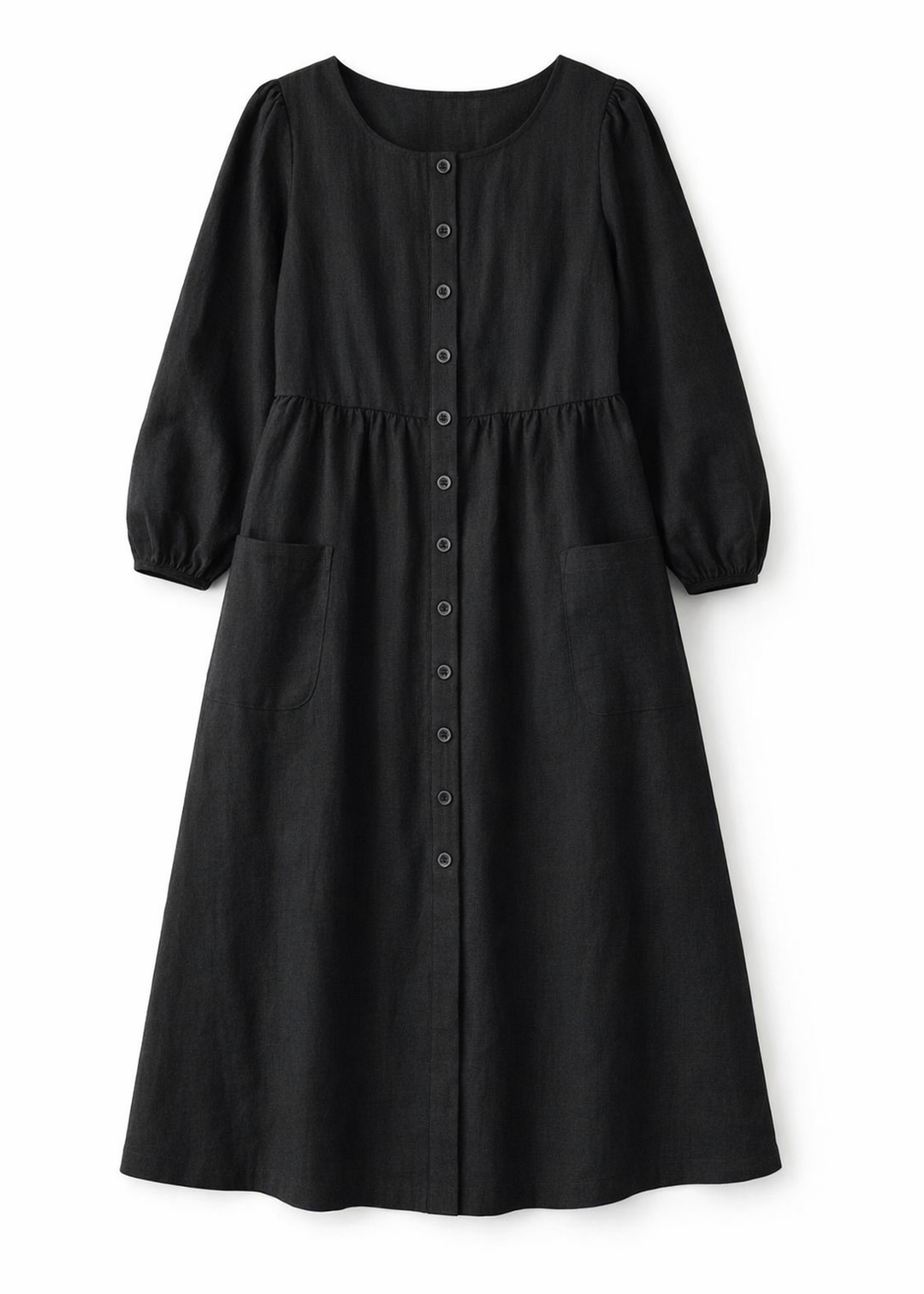 Sleeveless Button-Front Linen Midi Dress in Linen in Black — flat lay