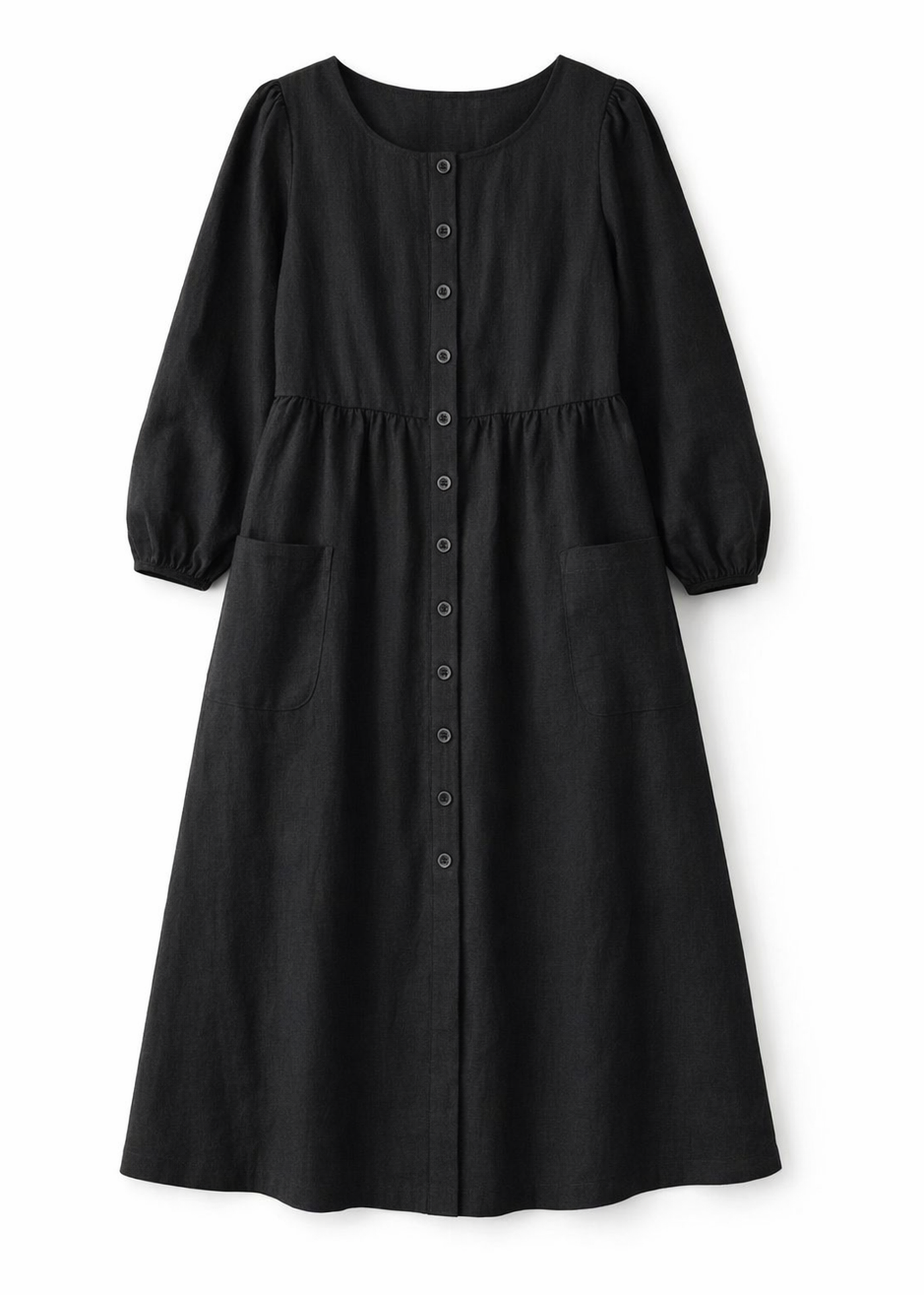 Sleeveless Button-Front Linen Midi Dress in Linen in Black — flat lay