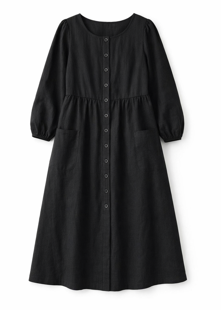 Sleeveless Button-Front Linen Midi Dress in Linen in Black — flat lay