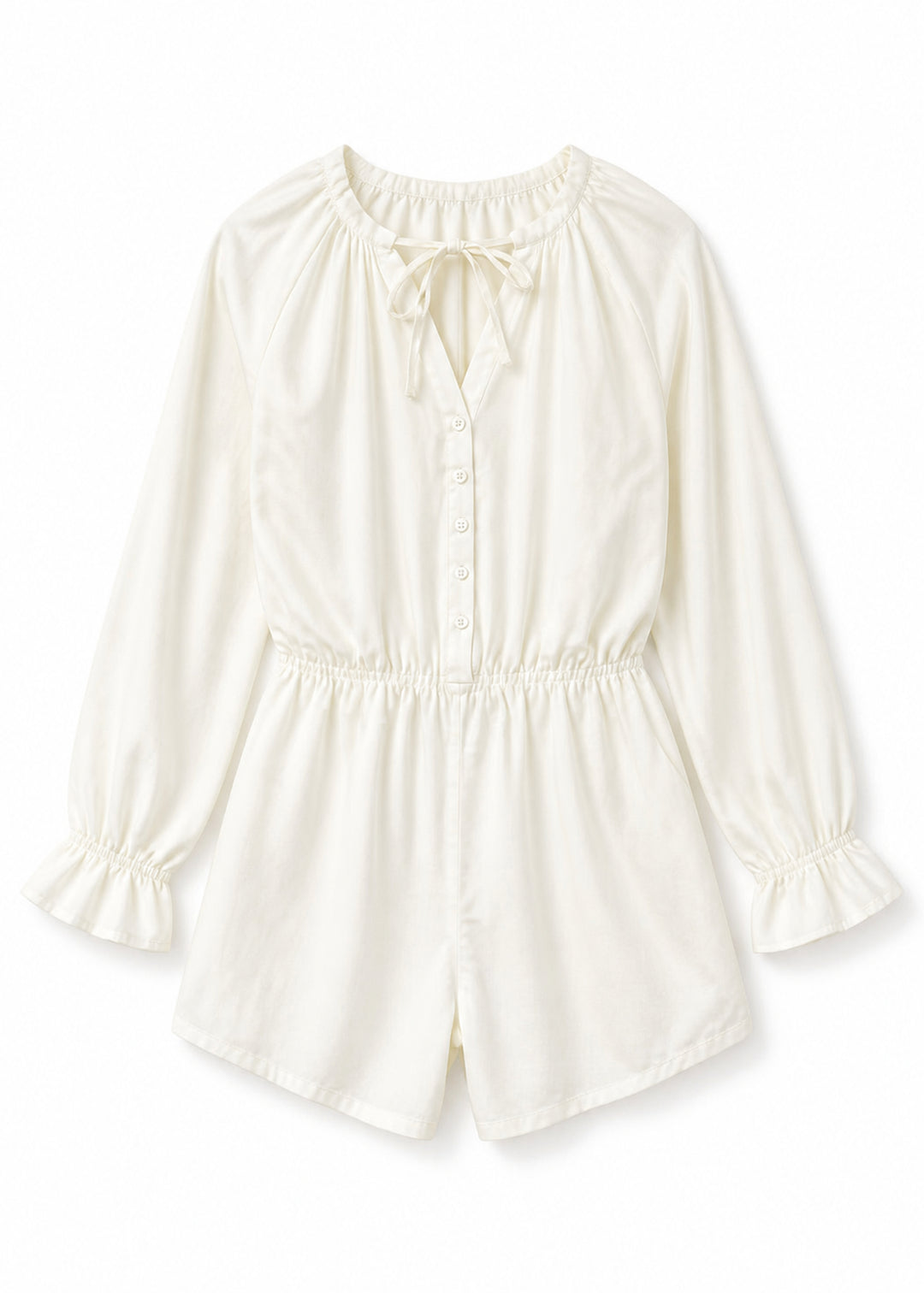 Gathered-Neck Button-Front Sleep Romper in White - flat lay