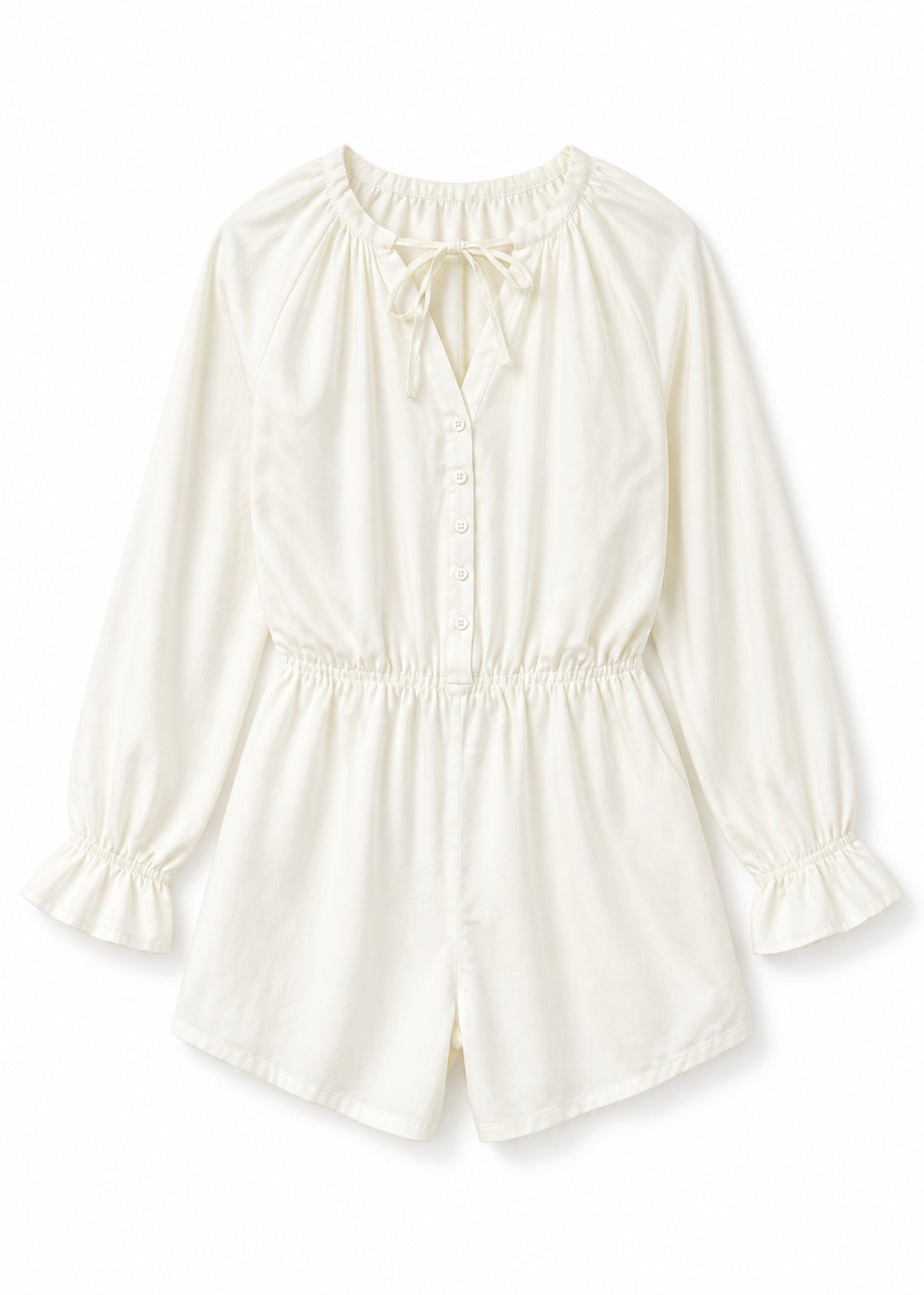 Gathered-Neck Button-Front Sleep Romper in White - flat lay