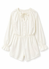 Gathered-Neck Button-Front Sleep Romper in White - flat lay