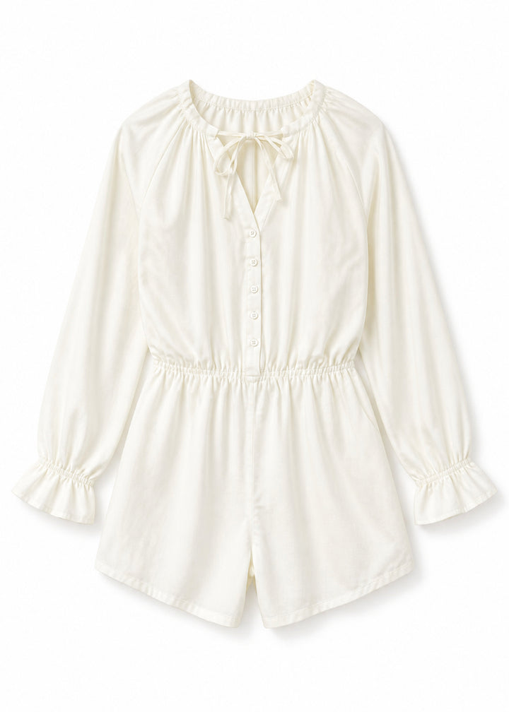 Gathered-Neck Button-Front Sleep Romper in White - flat lay