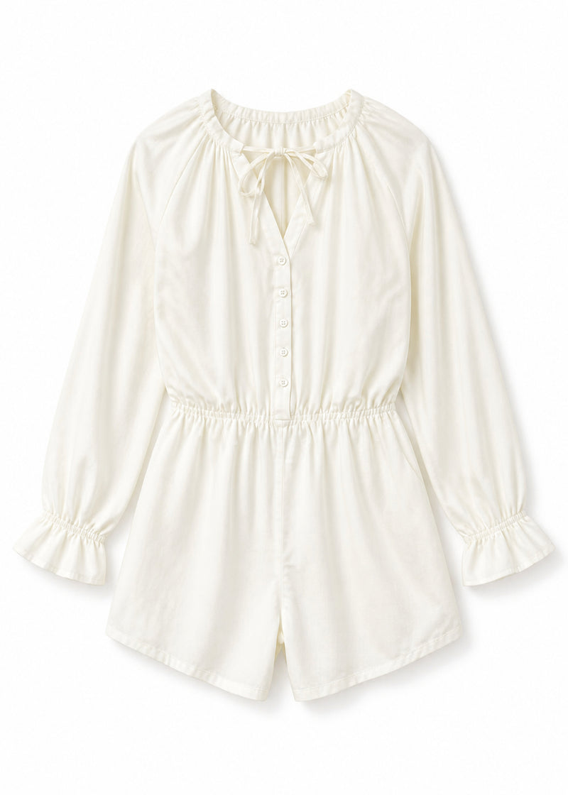 Gathered-Neck Button-Front Sleep Romper in White - flat lay