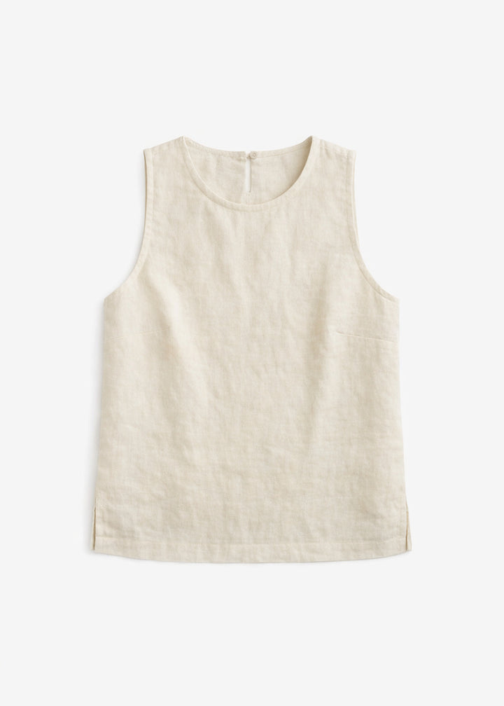 High-Neck Sleeveless Darted Linen Top in Linen in Natural — flat lay