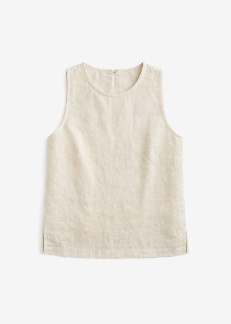 High-Neck Sleeveless Darted Linen Top in Linen in Natural — flat lay