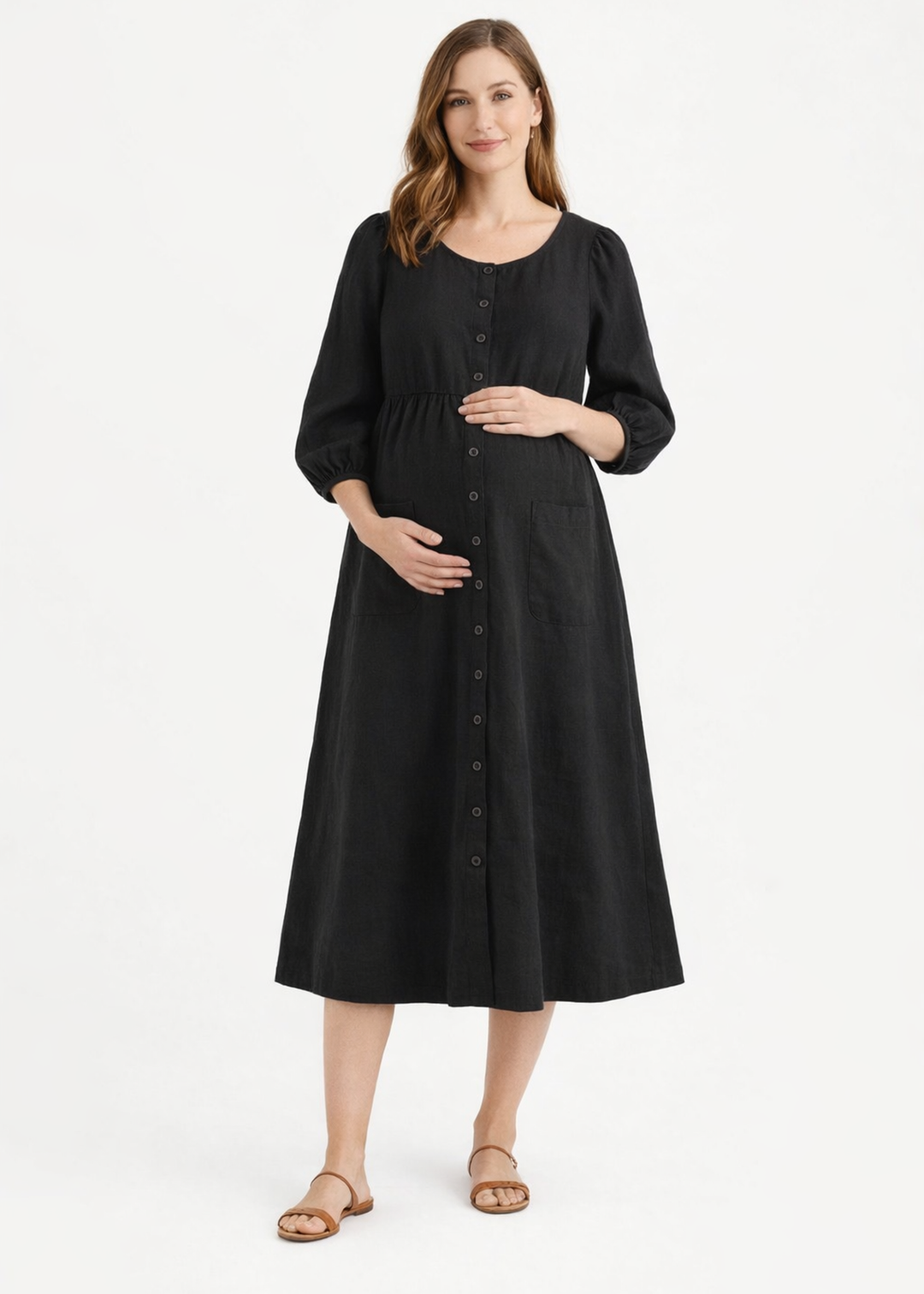 Sleeveless Button-Front Linen Midi Dress in Linen in Black — on model