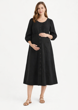 Sleeveless Button-Front Linen Midi Dress in Linen in Black — on model