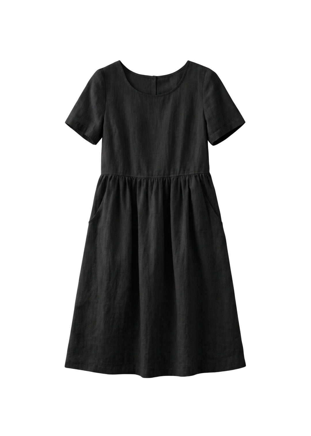 Short-Sleeve Gathered-Waist Linen Midi Dress in Linen in Black — flat lay