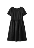 Short-Sleeve Gathered-Waist Linen Midi Dress in Linen in Black — flat lay