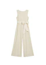 White Flow Jumpsuit: Sleeveless, wide-leg Tencel jumpsuit with a pleated texture and a tied waist belt.
