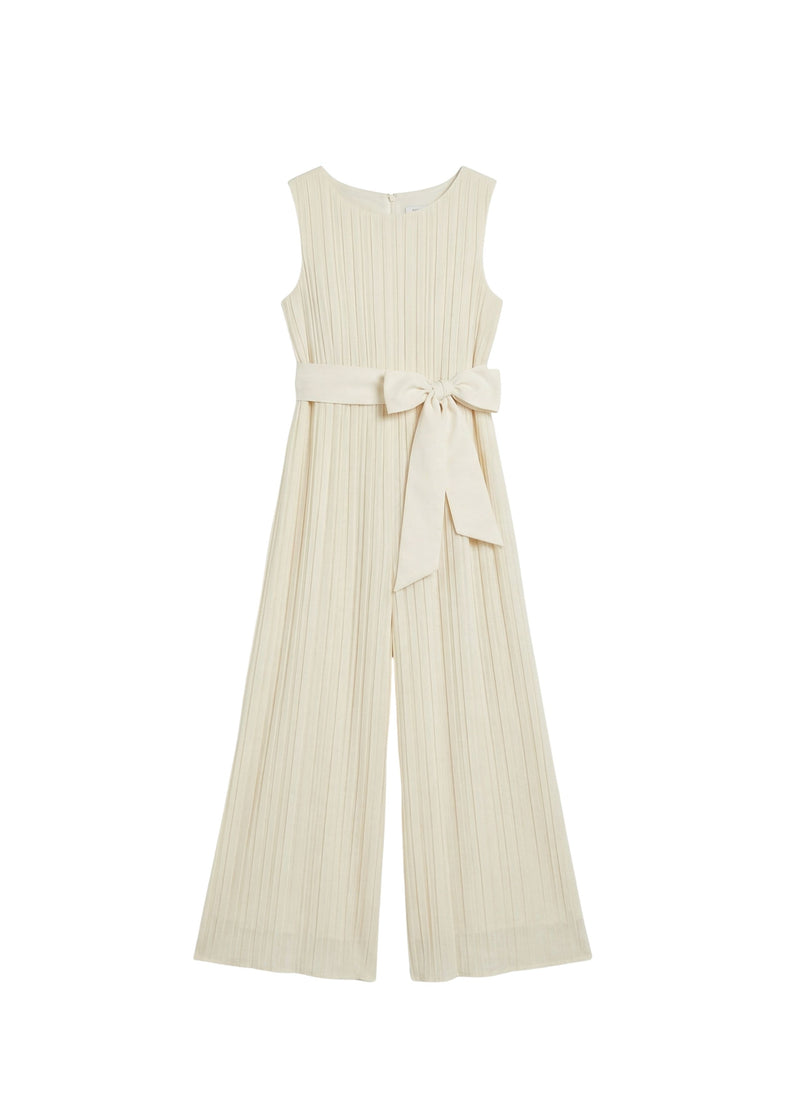 White Flow Jumpsuit: Sleeveless, wide-leg Tencel jumpsuit with a pleated texture and a tied waist belt.
