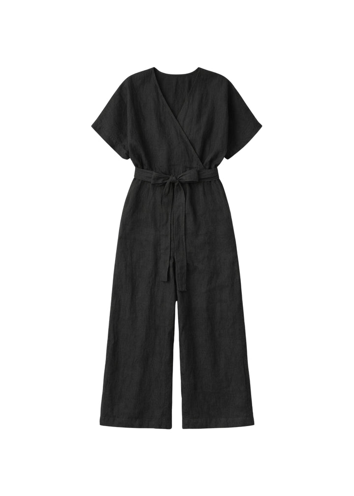 Wide-Leg Nursing Linen Wrap Jumpsuit