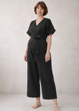 Wide-Leg Nursing Linen Wrap Jumpsuit