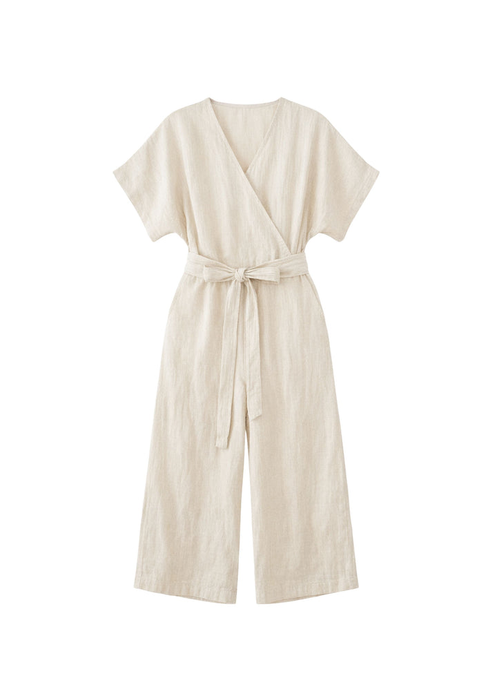 Wide-Leg Nursing Linen Wrap Jumpsuit