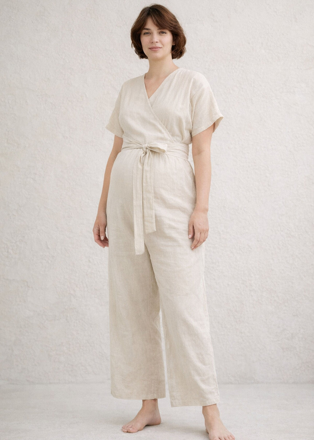 Wide-Leg Nursing Linen Wrap Jumpsuit
