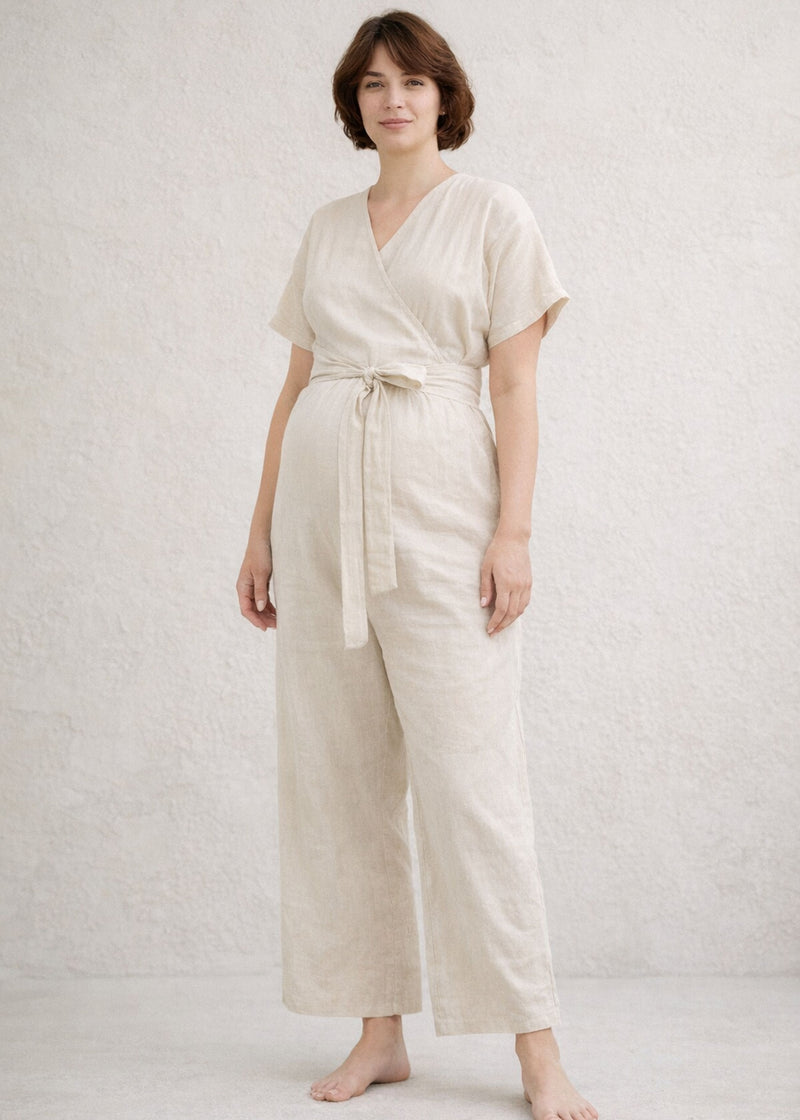 Wide-Leg Nursing Linen Wrap Jumpsuit
