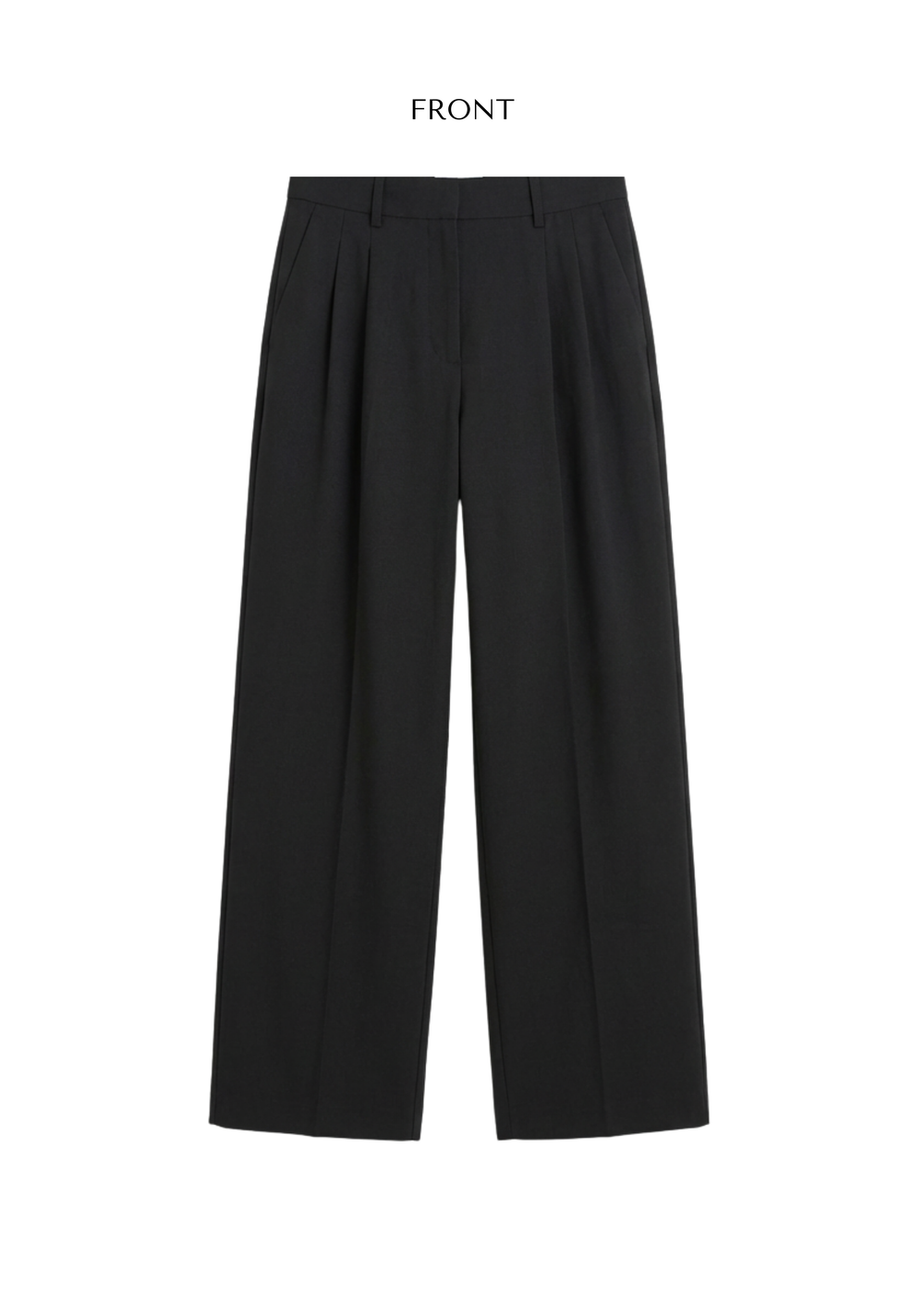 Front view of black cotton-wool blend wide-leg dress pants with pleats and an adjustable drawstring waist.