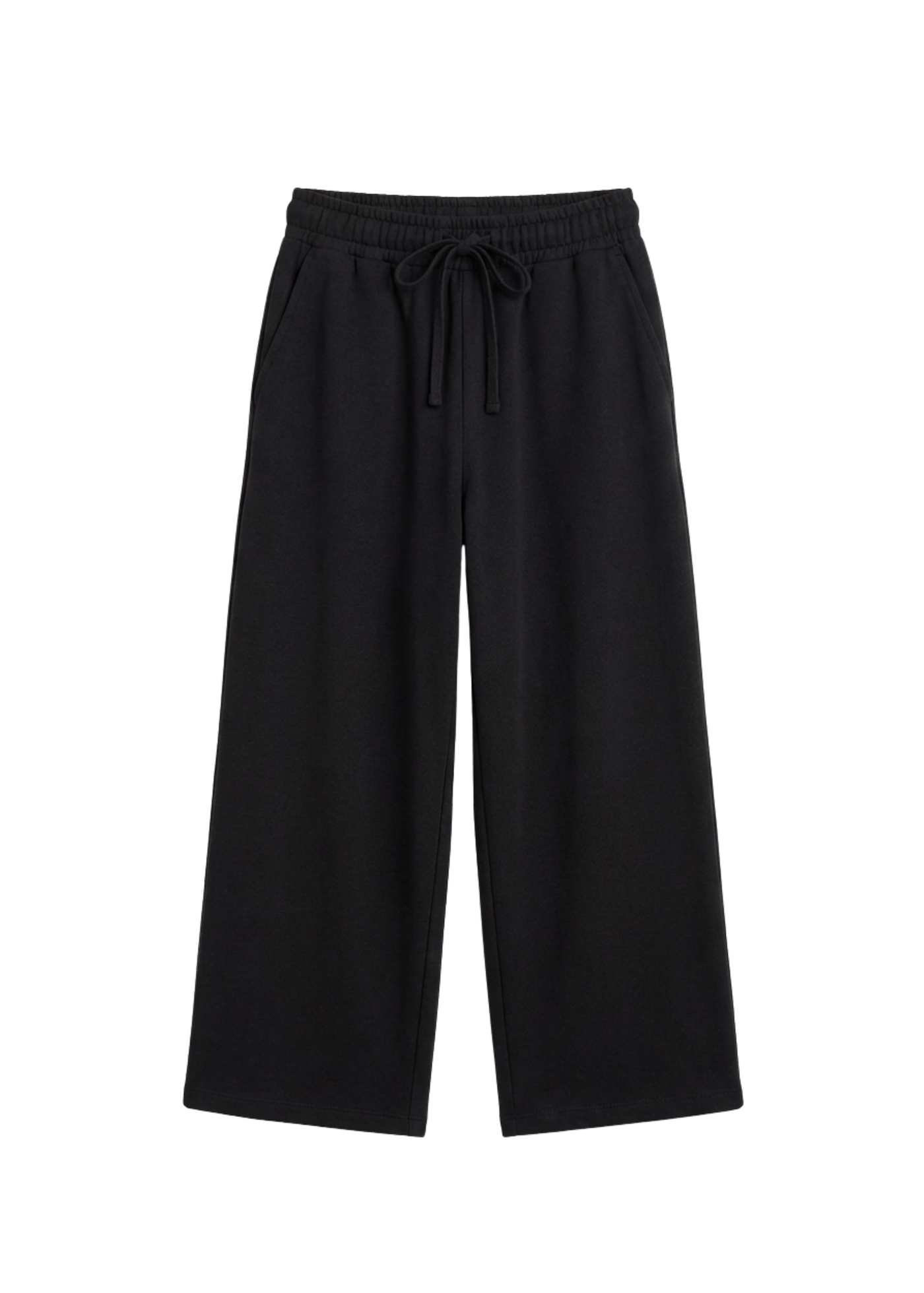 Black cotton fleece wide-leg lounge pants with a drawstring waist and side pockets.