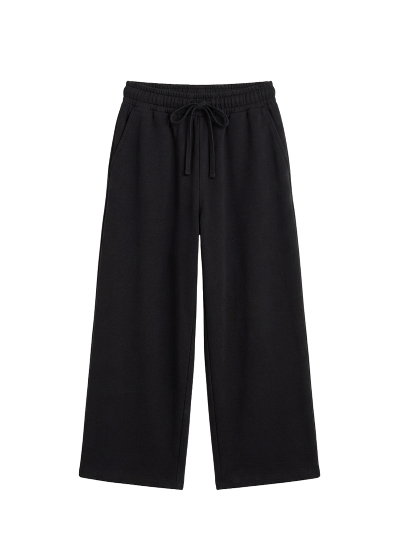 Black cotton fleece wide-leg lounge pants with a drawstring waist and side pockets.