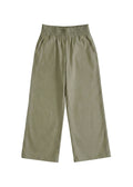 Olive green wide-leg flow pants in cotton/linen blend with an elastic waist and side pockets.