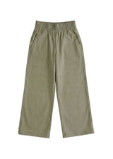 Olive green wide-leg flow pants in cotton/linen blend with an elastic waist and side pockets.