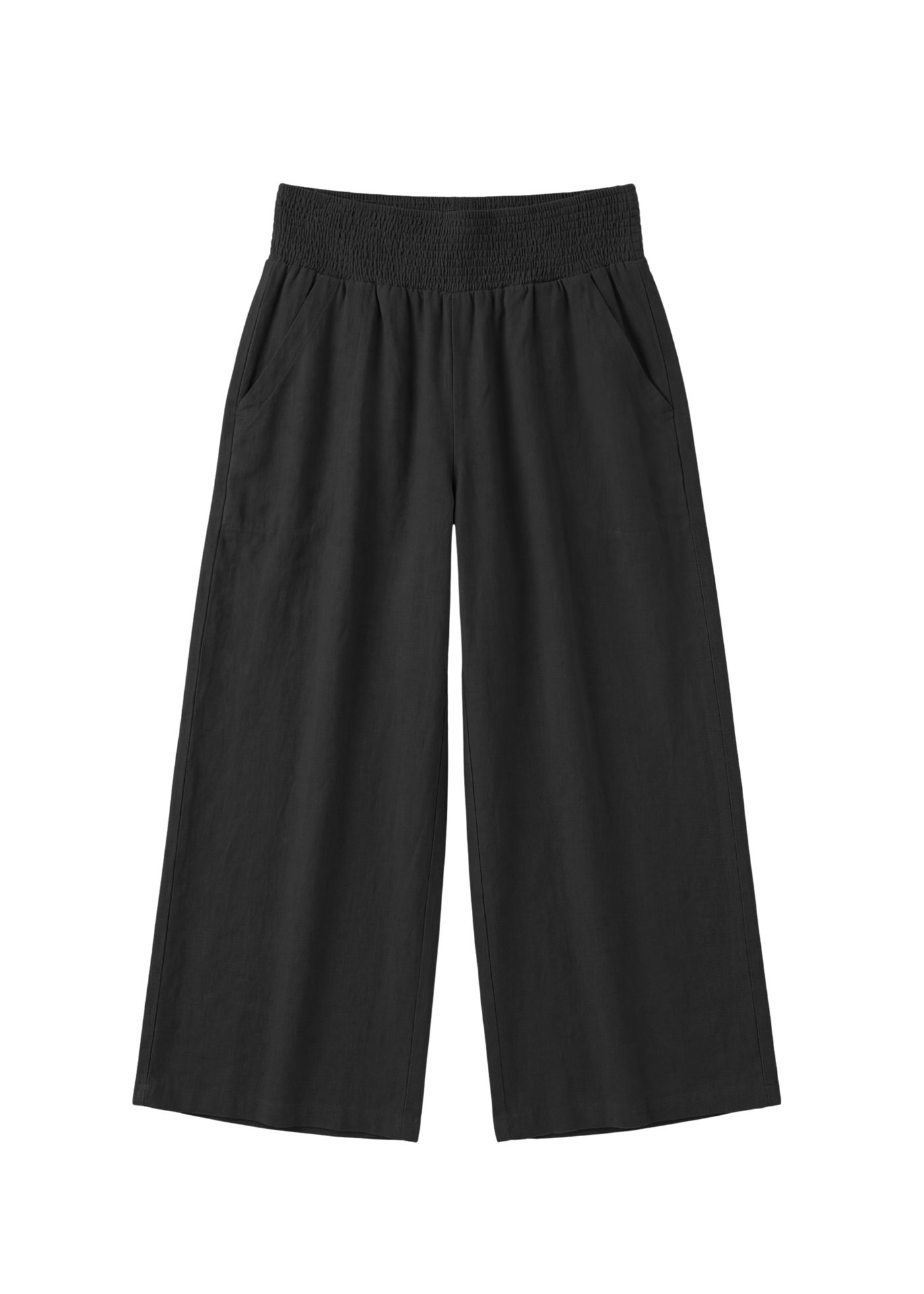 Black wide-leg linen pants with a smocked waistband and side pockets.